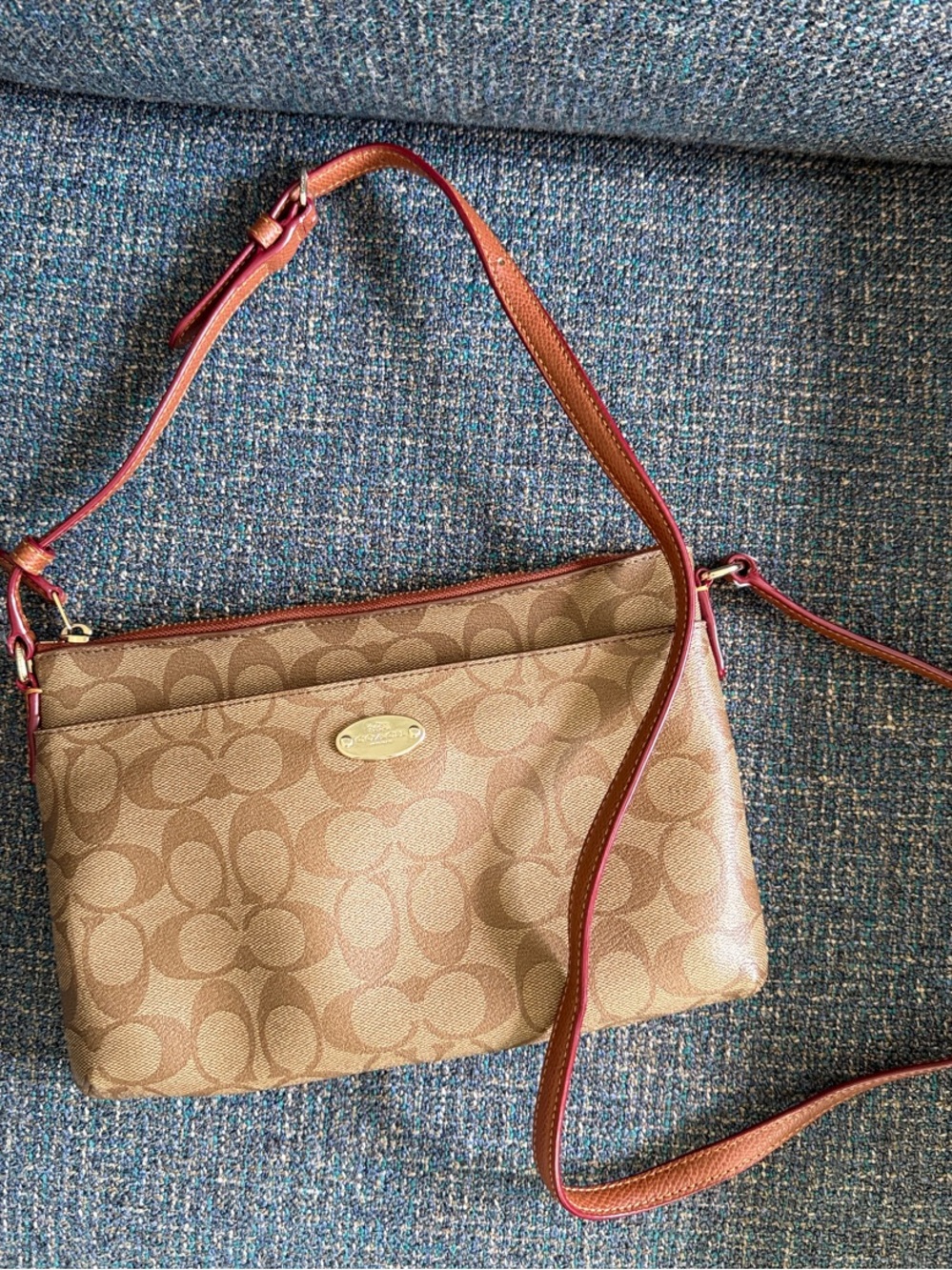 Coach Khaki Signature Canvas Crossbody with Red Trim